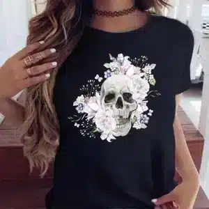 Elegant White Floral Skull Black Women's T-Shirt