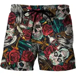 Festive Gothic Skull and Roses Tequila Grunge Men’s Shorts