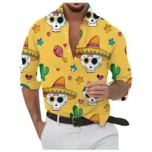 Festive Mariachi Sugar Skull Men's Long Sleeve Dress Shirt