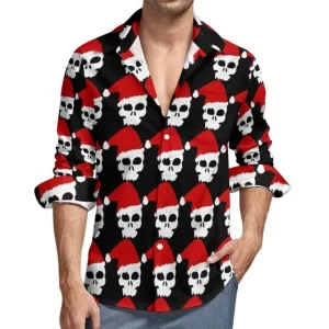 Festive Skull Santa Hat Pattern Men's Long Sleeve Dress Shirt