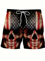 Fierce Double Skull American Flag Graphic Swim Trunks