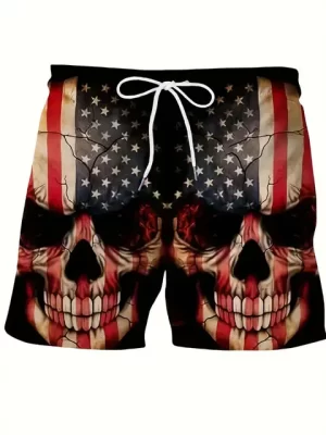 Fierce Double Skull American Flag Graphic Swim Trunks