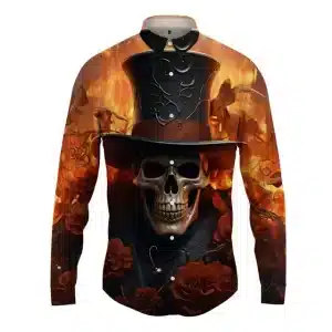 Fiery Gothic Skull Top Hat Men's Long Sleeve Dress Shirt