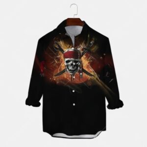 Fiery Pirate Skull Graphic Men's Long Sleeve Dress Shirt