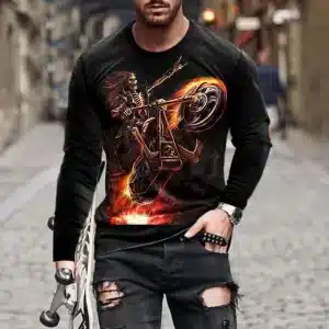 Fiery Skeleton Biker Ghost Rider Men’s Long Sleeve T-Shirt