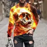 Fiery Skull Inferno Flame Graphic Men’s Long Sleeve T-Shirt