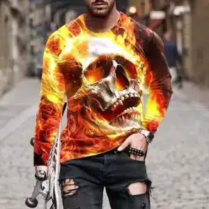 Fiery Skull Inferno Flame Graphic Men’s Long Sleeve T-Shirt