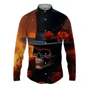 Fiery Skull Top Hat Roses Men's Long Sleeve Dress Shirt