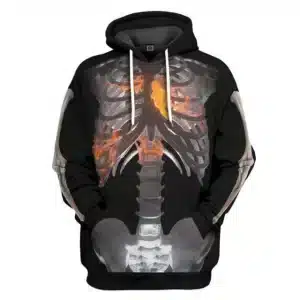 Flame Heart X-Ray Skeleton Bones Print Black Men’s Hoodie