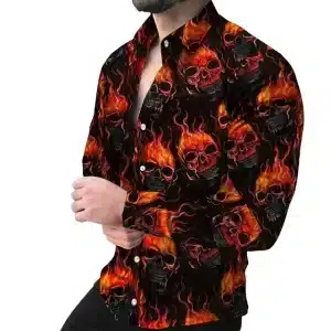 Flaming Skull Inferno Black Men's Long Sleeve Dress Shirt