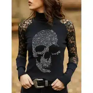 Floral Lace Rhinestone Skull Women’s Long Sleeve T-Shirt