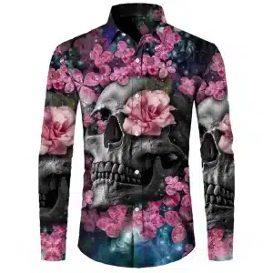 Floral Skull Galaxy Print Men's Long Sleeve Dress Shirt