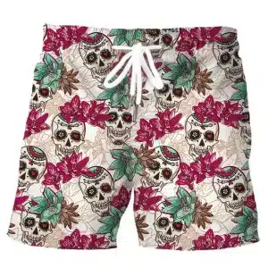 Floral Sugar Skull Day of the Dead Art Swim Trunks