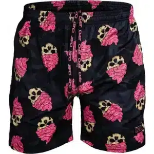 Funny Pink Candy Swirl Skull Pattern Black Swim Trunks