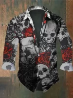 Gothic Black & Red Skull Rose Men's Long Sleeve Dress Shirt