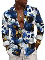 Gothic Blue Floral Skull Men's Long Sleeve Dress Shirt