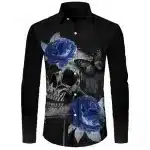 Gothic Blue Rose Skull Dark Men's Long Sleeve Dress Shirt