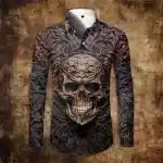 Gothic Bronze Floral Skull Art Men's Long Sleeve Dress Shirt