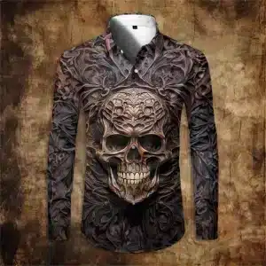 Gothic Bronze Floral Skull Art Men's Long Sleeve Dress Shirt