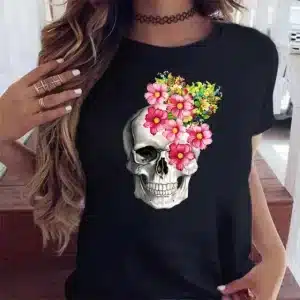 Gothic Floral Bloom Skull Black Women's T-Shirt