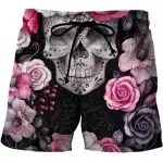 Gothic Floral Calavera Skull and Roses Black Men’s Shorts