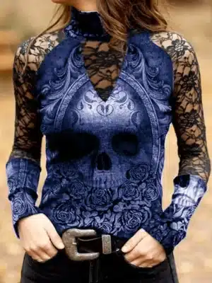 Gothic Floral Skull Hollow Lace Women’s Long Sleeve T-Shirt