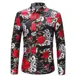 Gothic Floral Skull Red Roses Men's Long Sleeve Dress Shirt