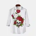 Gothic Floral Skull White Men's Long Sleeve Dress Shirt