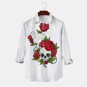 Gothic Floral Skull White Men's Long Sleeve Dress Shirt