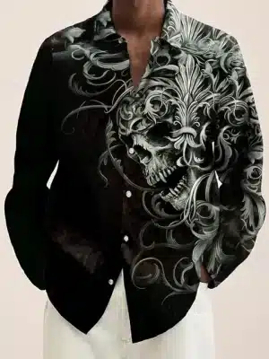 Gothic Intricate Floral Skull Men's Long Sleeve Dress Shirt