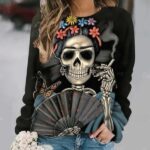 Gothic Lady Skeleton Floral Fan Black Women's Sweatshirt