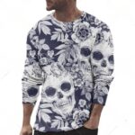 Gothic Monochrome Floral Skull Men’s Long Sleeve T-Shirt