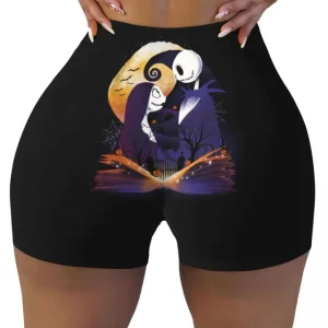 Gothic Moonlit Skeleton Couple Black Women’s Biker Shorts