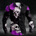 Gothic Purple Rose Skull Print Men's Long Sleeve Dress Shirt