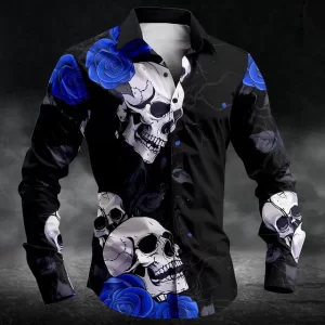 Gothic Purple Rose Skull Print Men's Long Sleeve Dress Shirt