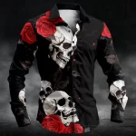 Gothic Purple Rose Skull Print Men's Long Sleeve Dress Shirt