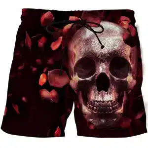 Gothic Red Petal Skull Intricate Floral Pattern Men’s Shorts