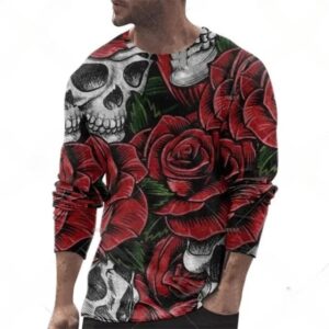 Gothic Red Rose Horror Skull Men’s Long Sleeve T-Shirt