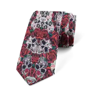 Gothic Red Rose and Skull Tattoo Graphic Print Necktie