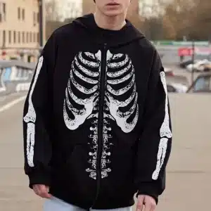 Gothic Ribcage Skeleton Print Black Men’s Zip Up Hoodie