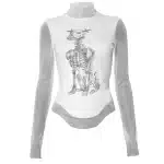 Gothic Skeleton Dog Print Mesh Women’s Long Sleeve T-Shirt