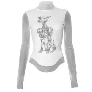 Gothic Skeleton Dog Print Mesh Women’s Long Sleeve T-Shirt