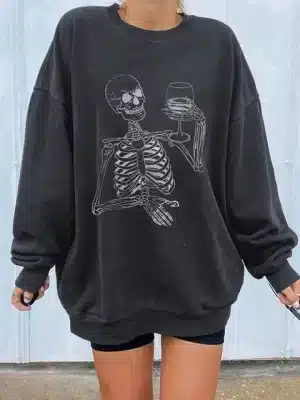 Gothic Skeleton Drinking Wine Glass Women's Sweatshirt