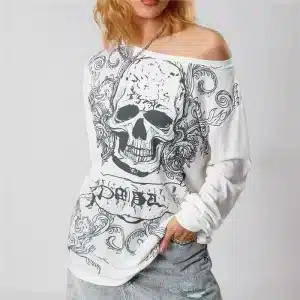 Gothic Skull Floral Sketch White Women’s Long Sleeve T-Shirt