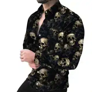 Gothic Skull Grunge Foliage Men's Long Sleeve Dress Shirt