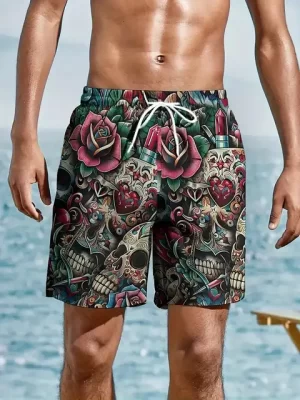 Gothic Skull Lipstick & Roses Tattoo Graphic Swim Trunks