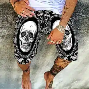 Gothic Skull Mirror Elegant Floral Leaves Print Swim Trunks