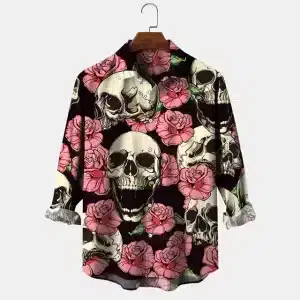 Gothic Skull Pink Roses Print Men's Long Sleeve Dress Shirt