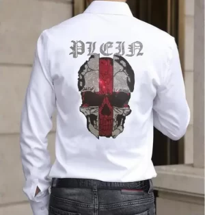 Gothic Skull Plead Red Cross Print Men's Long Sleeve Shirt