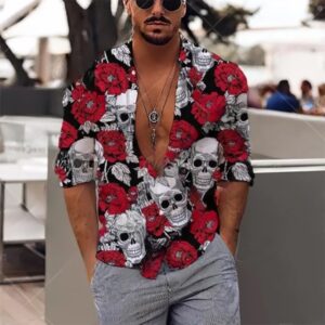 Gothic Skull Red Rose Pattern Men's Long Sleeve Dress Shirt